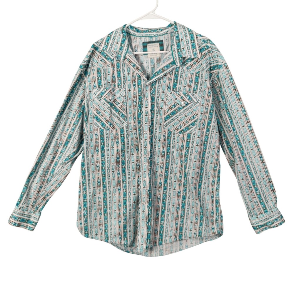 Panhandle Mens Western Cowboy Aztec Pearl Snap Shirt XL Turquoise Southwestern